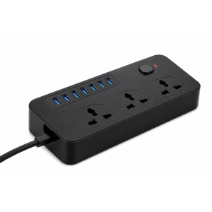 Multiprise intelligente noire 3000W avec 6 ports USB et 3 prises électriques