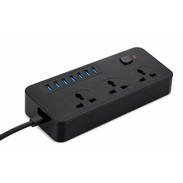 Multiprise intelligente noire 3000W avec 6 ports USB et 3 prises électriques