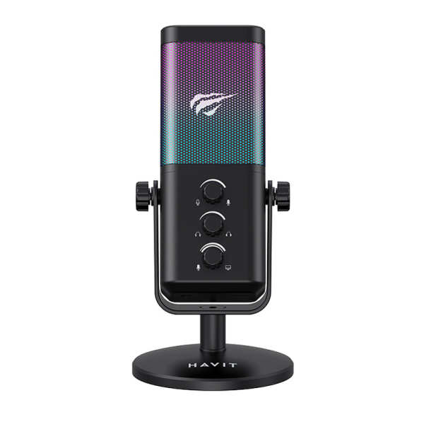 Microphone gamer Havit GK65 RGB noir USB-C avec éclairage LED pour streaming